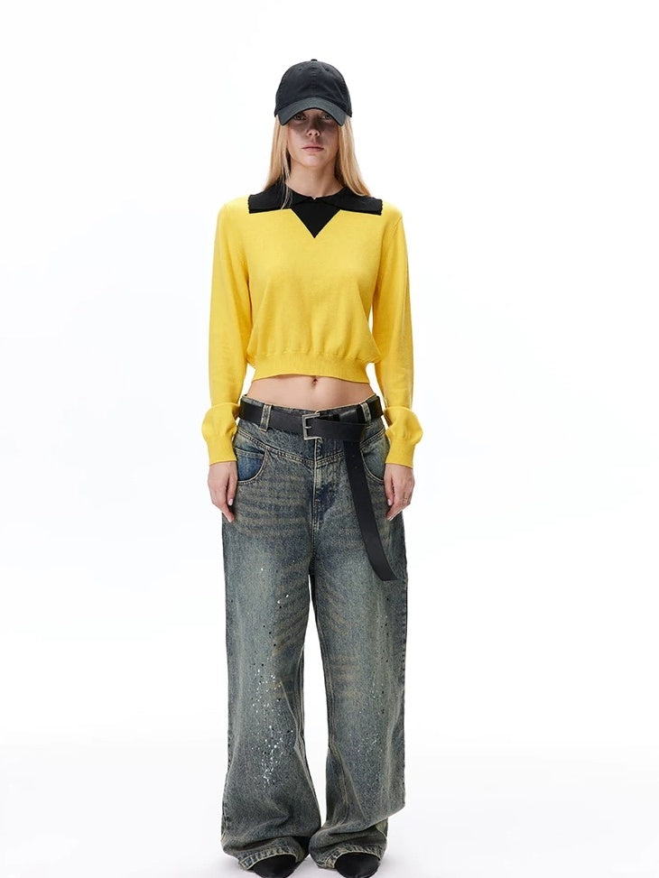 LoalaOffice Wool Blend Colorblock Collared Pullover Women Street Long Sleeve Tops