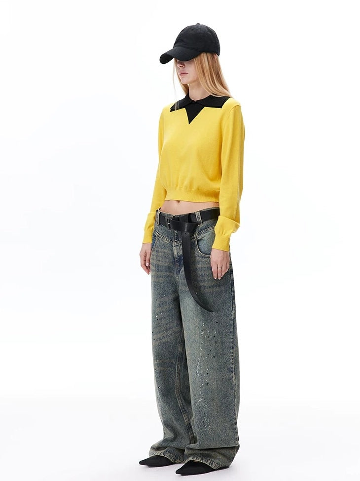 LoalaOffice Wool Blend Colorblock Collared Pullover Women Street Long Sleeve Tops