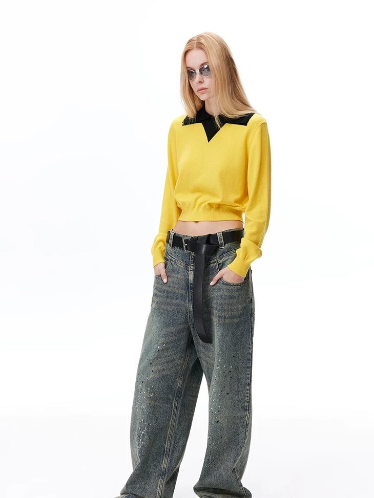 LoalaOffice Wool Blend Colorblock Collared Pullover Women Street Long Sleeve Tops