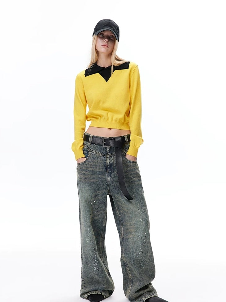 LoalaOffice Wool Blend Colorblock Collared Pullover Women Street Long Sleeve Tops