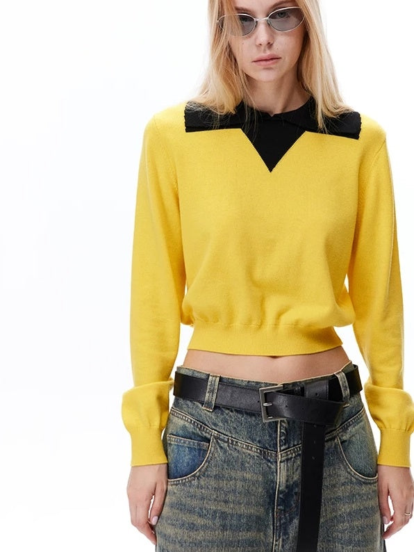 LoalaOffice Wool Blend Colorblock Collared Pullover Women Street Long Sleeve Tops