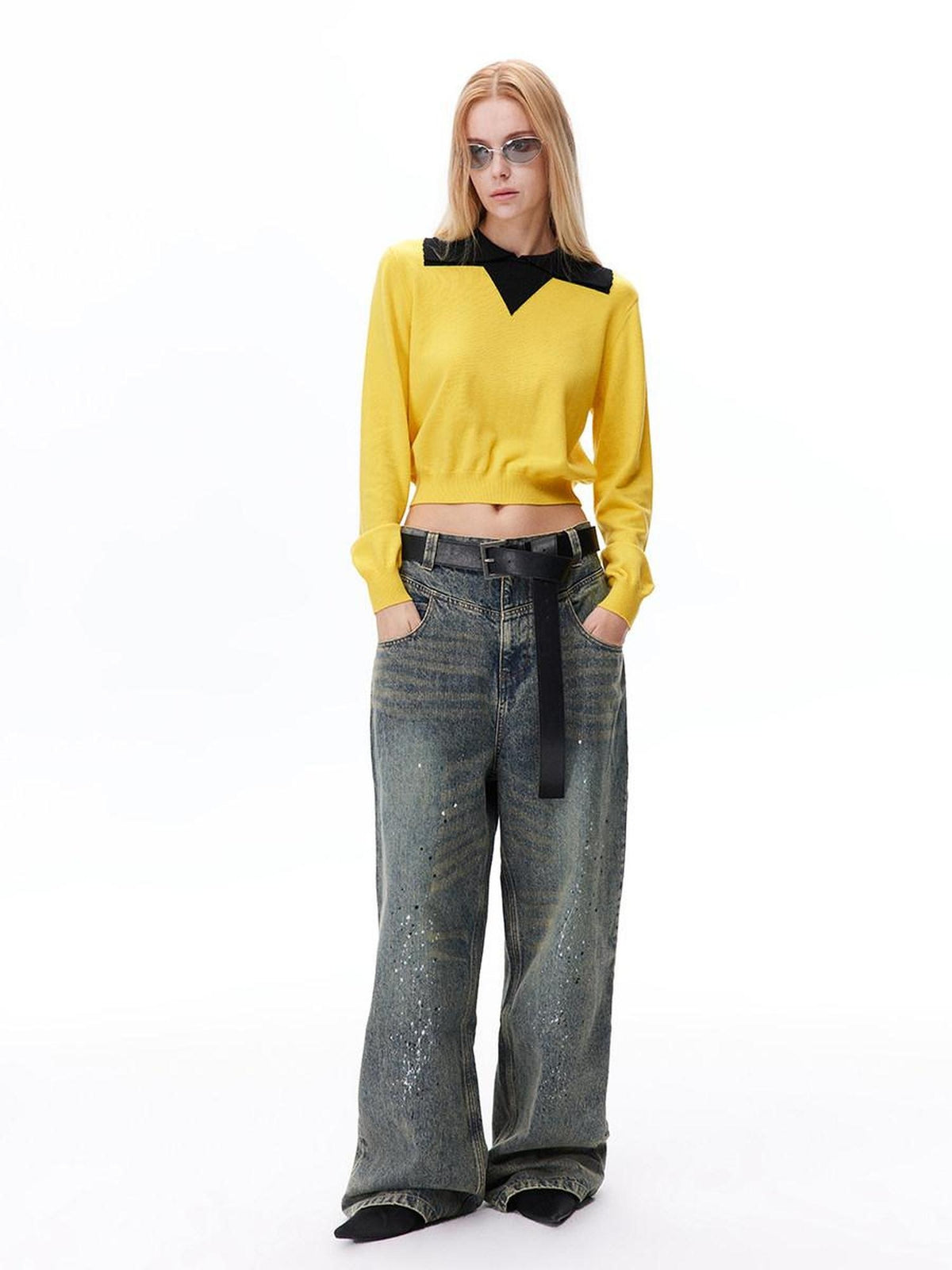 LoalaOffice Wool Blend Colorblock Collared Pullover Women Street Long Sleeve Tops