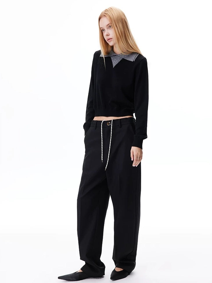 LoalaOffice Wool Blend Colorblock Collared Pullover Women Street Long Sleeve Tops
