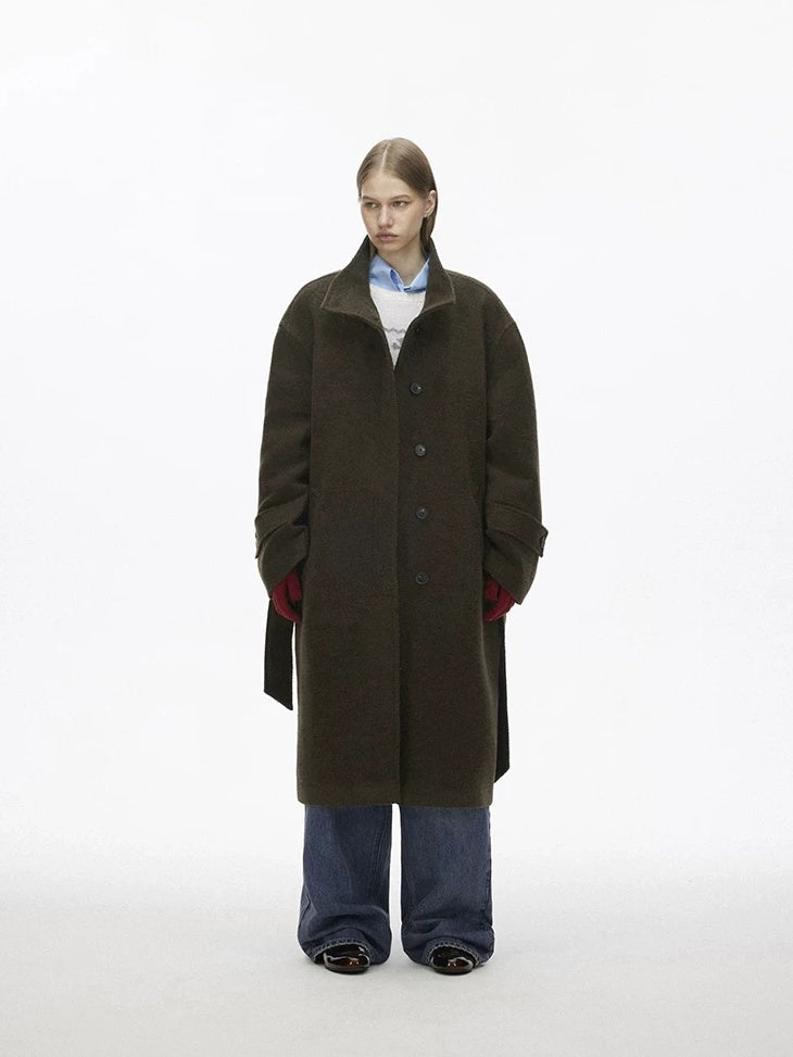 LoalaOffice Wool Blend Mid Length Lapel Collar Casual Coat Women Deep Chestnut Outerwear