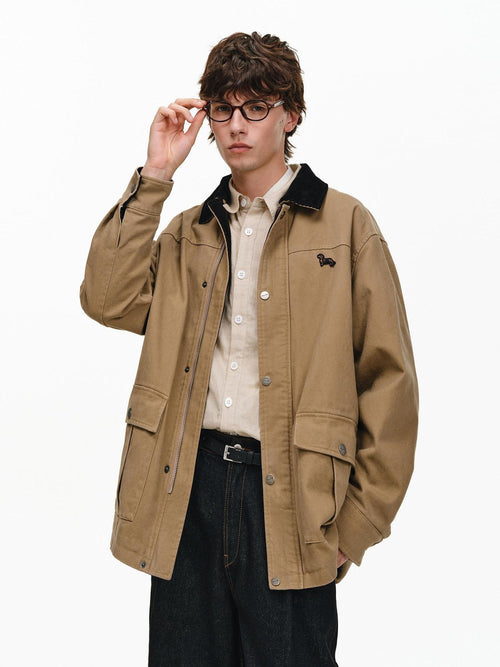 PCLP 100 Percent Cotton Colorblock Relaxed Unisex Lapel Zip Jacket