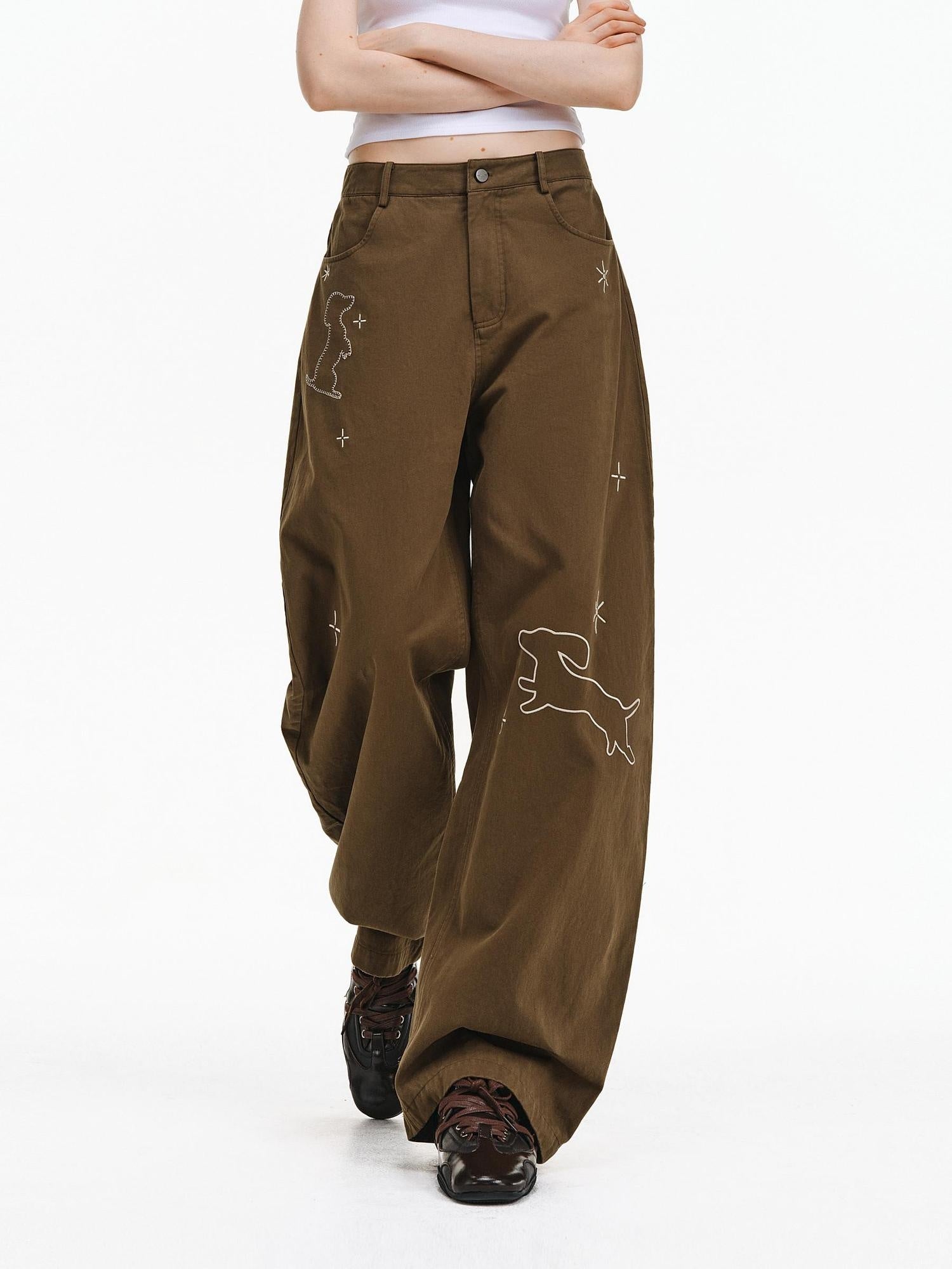 PCLP 100 Percent Cotton Mid Rise Button Fly Loose Wide Leg Animal Print Women Pants