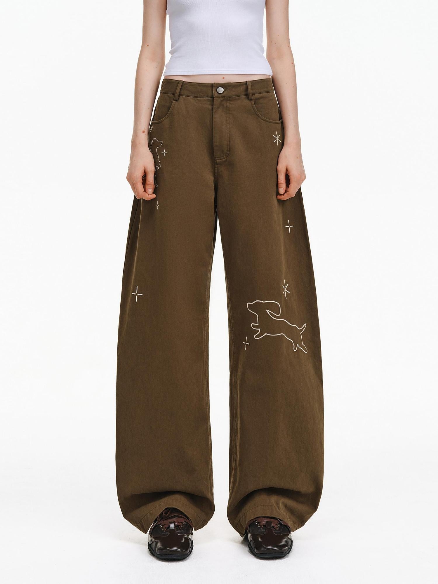 PCLP 100 Percent Cotton Mid Rise Button Fly Loose Wide Leg Animal Print Women Pants