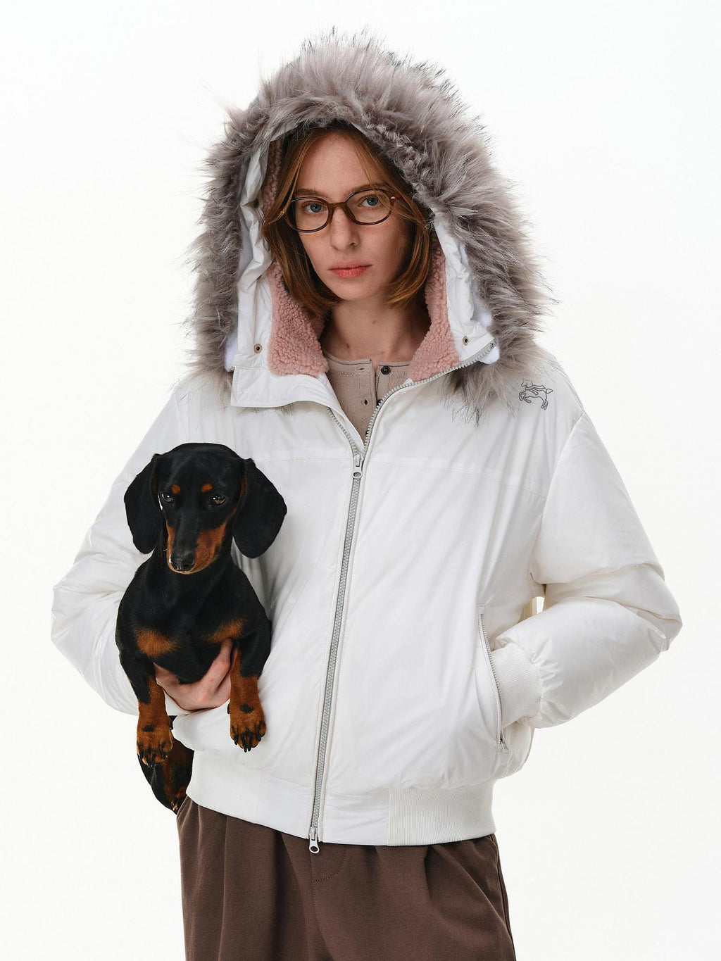 PCLP 90 Fill White Duck Down Hooded Fur Collar Splice Modern Women Nylon Down Jacket