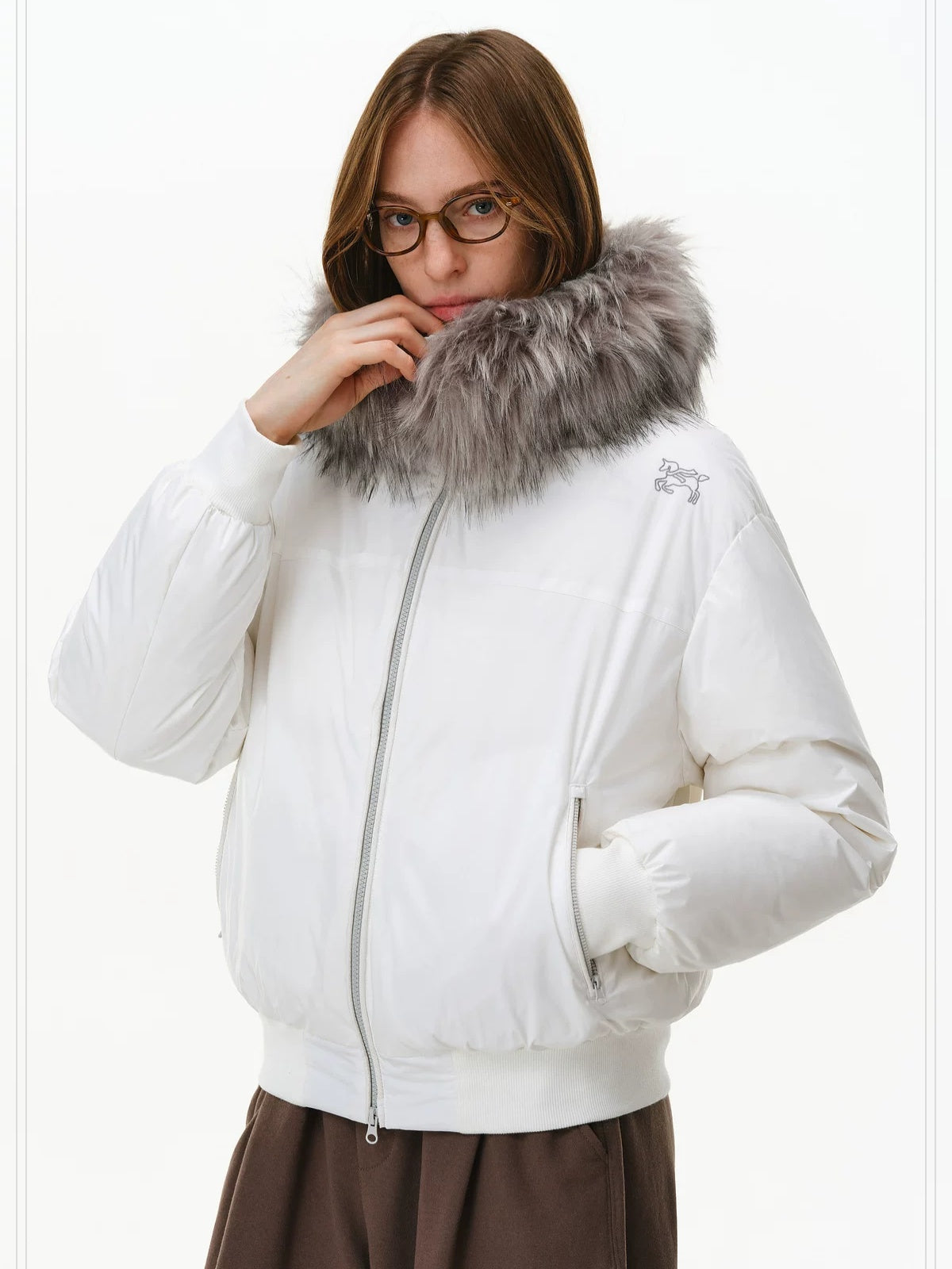 PCLP 90 Fill White Duck Down Hooded Fur Collar Splice Modern Women Nylon Down Jacket