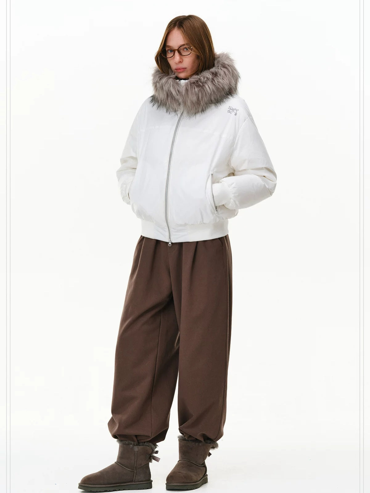 PCLP 90 Fill White Duck Down Hooded Fur Collar Splice Modern Women Nylon Down Jacket