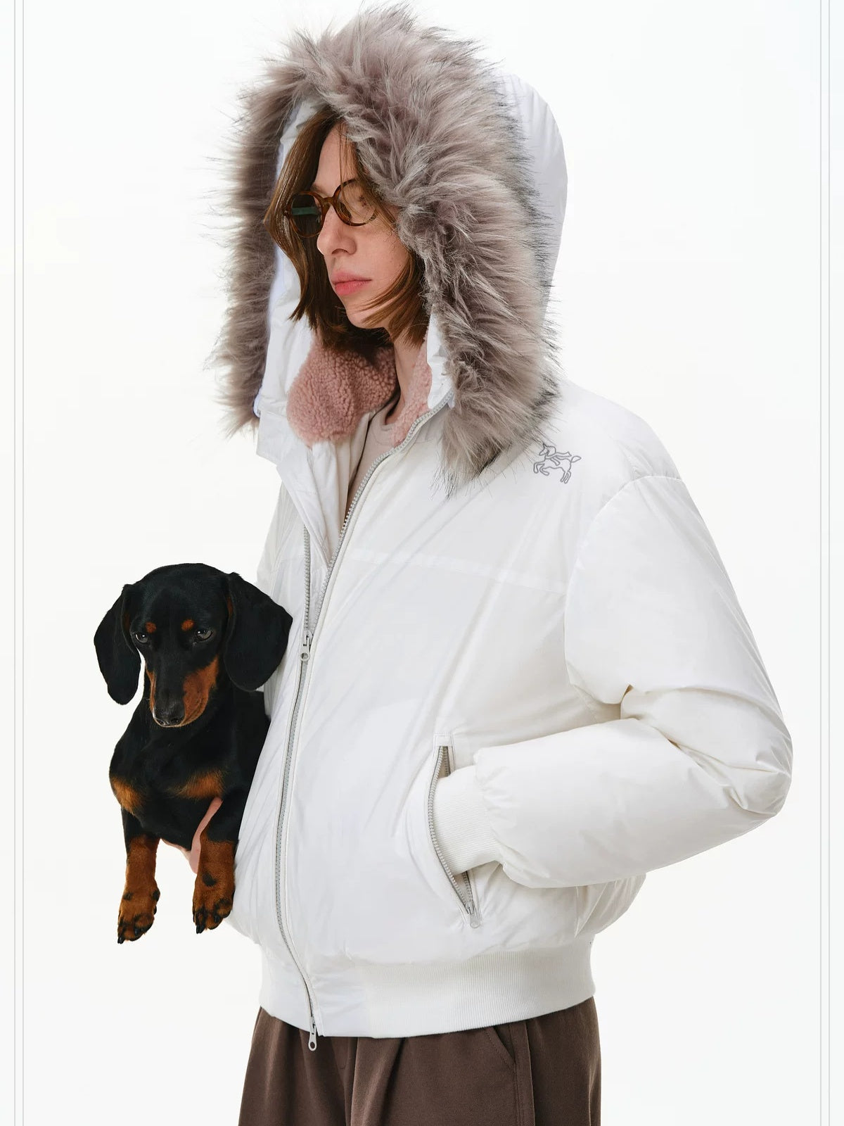 PCLP 90 Fill White Duck Down Hooded Fur Collar Splice Modern Women Nylon Down Jacket