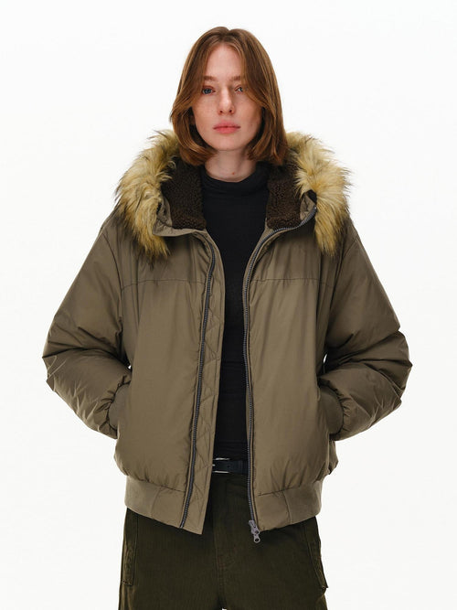 PCLP 90 Fill White Duck Down Hooded Fur Collar Splice Modern Women Nylon Down Jacket