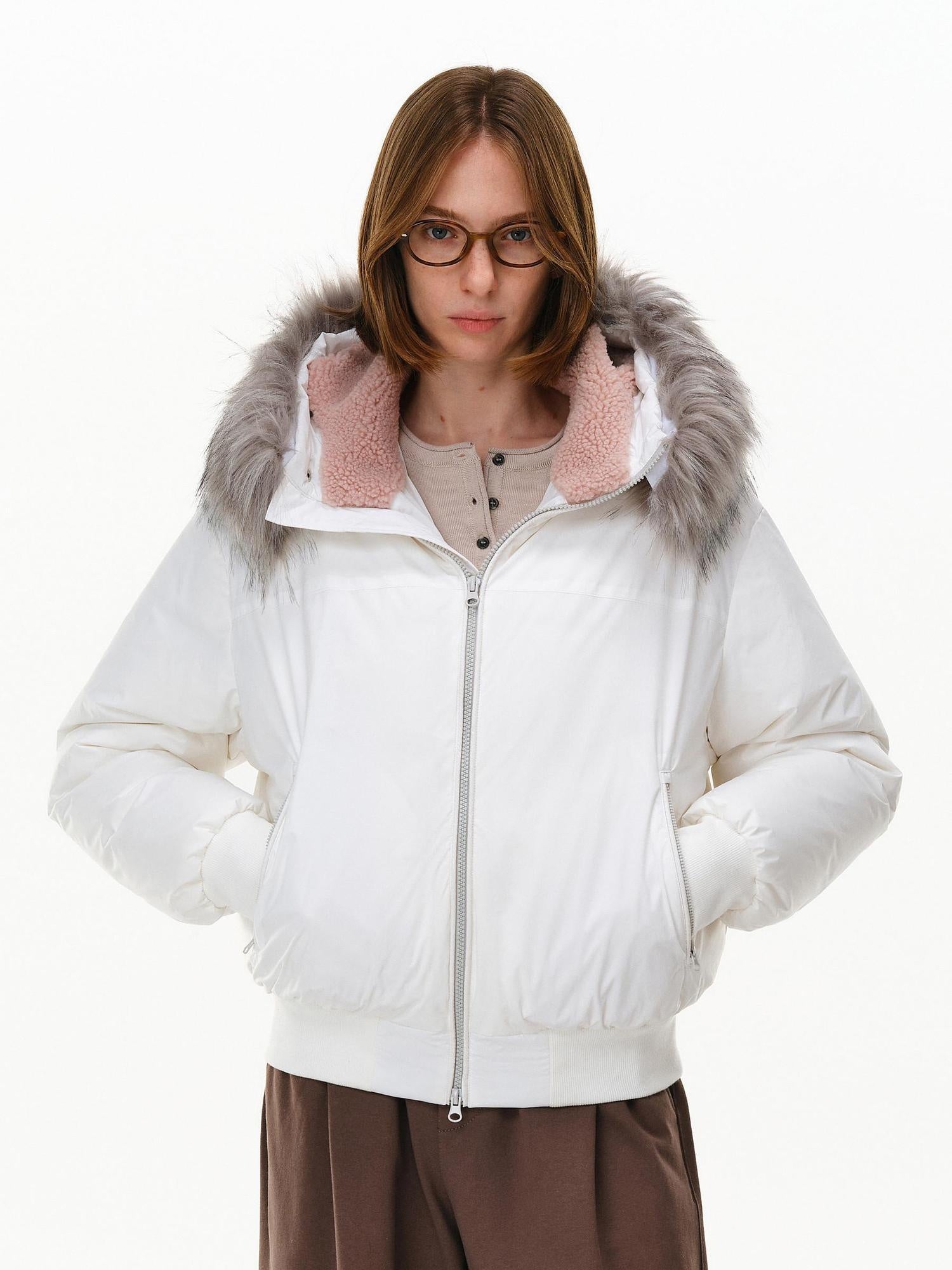 PCLP 90 Fill White Duck Down Hooded Fur Collar Splice Modern Women Nylon Down Jacket