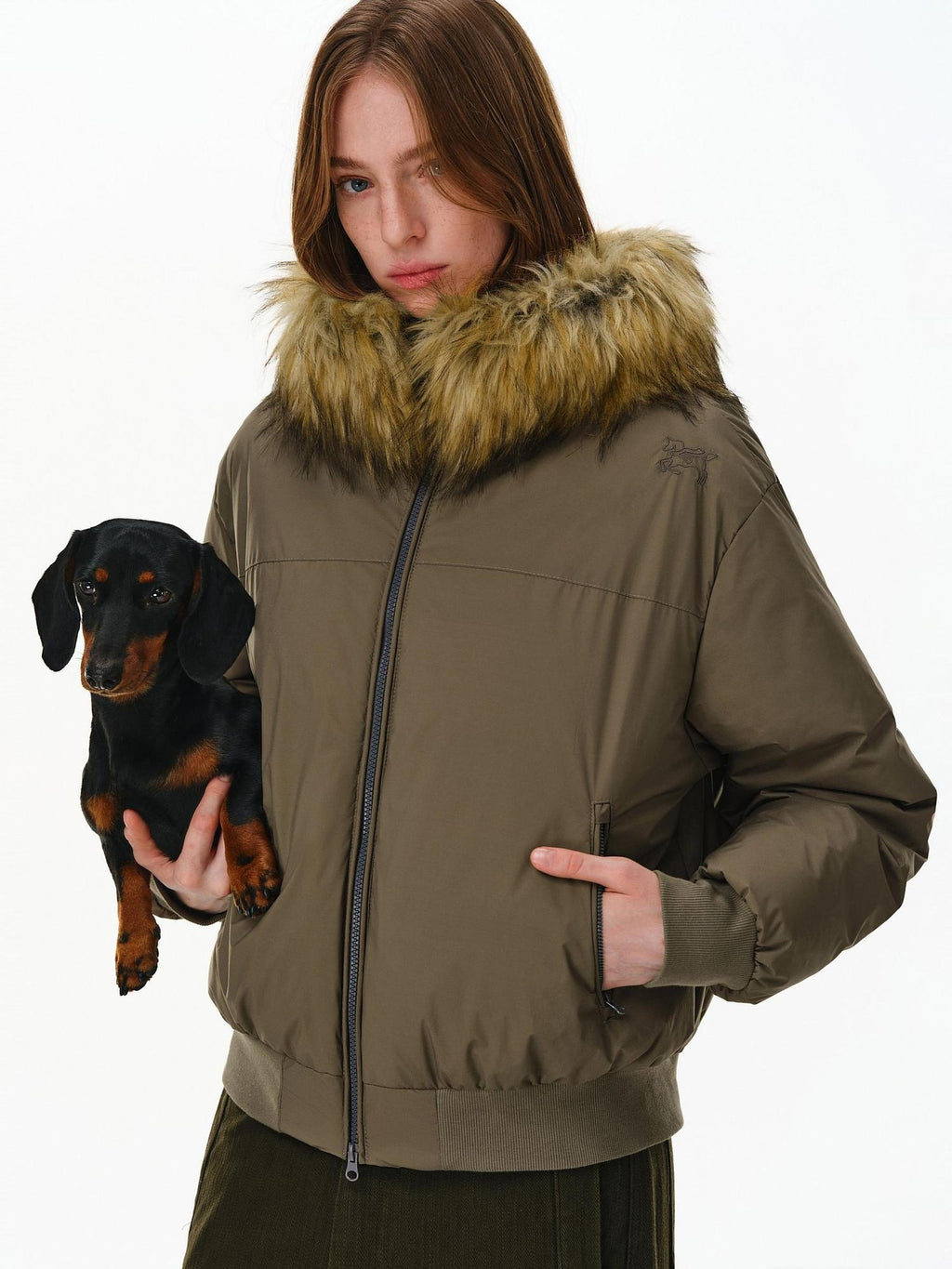 PCLP 90 Fill White Duck Down Hooded Fur Collar Splice Modern Women Nylon Down Jacket