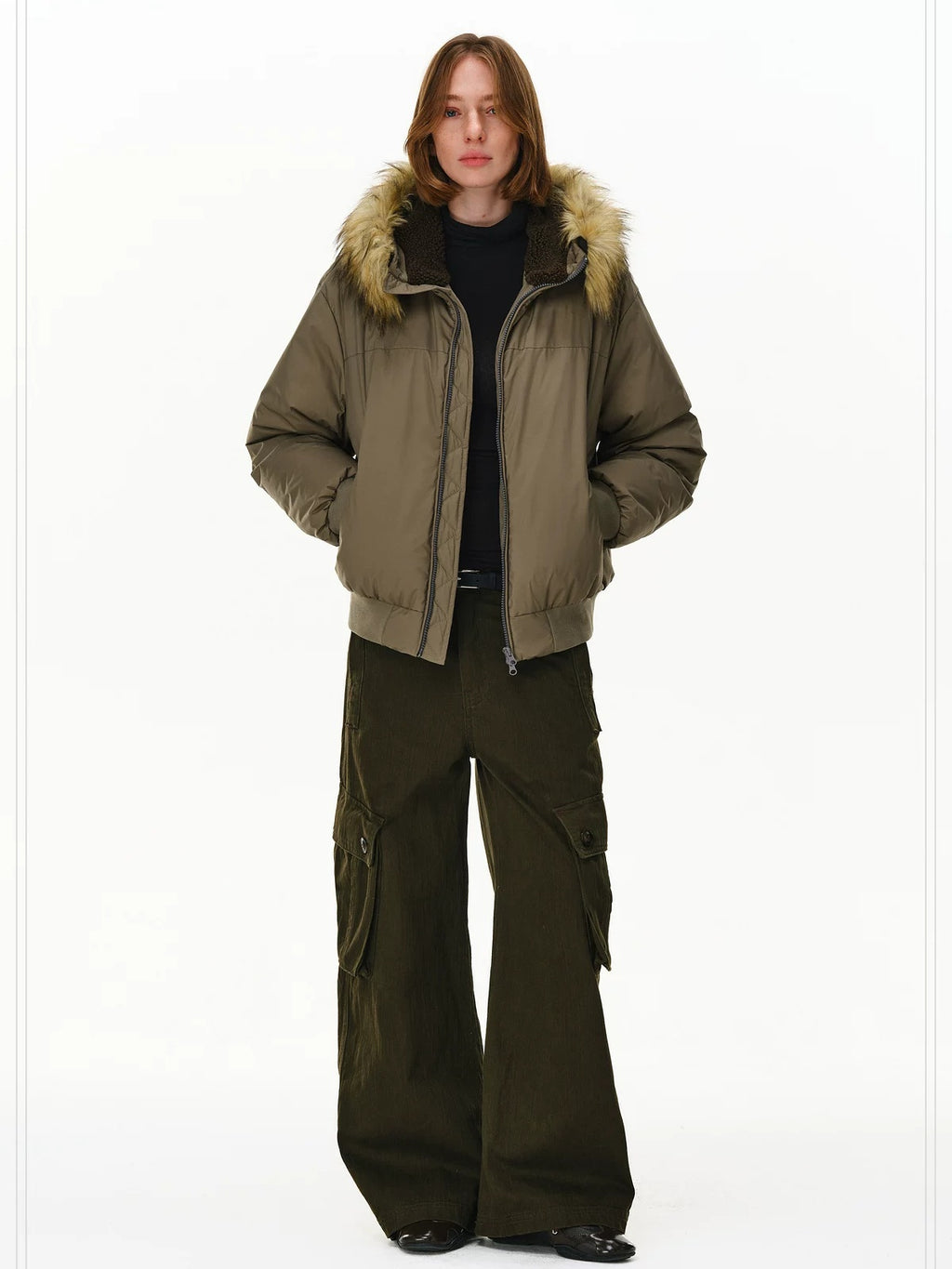 PCLP 90 Fill White Duck Down Hooded Fur Collar Splice Modern Women Nylon Down Jacket