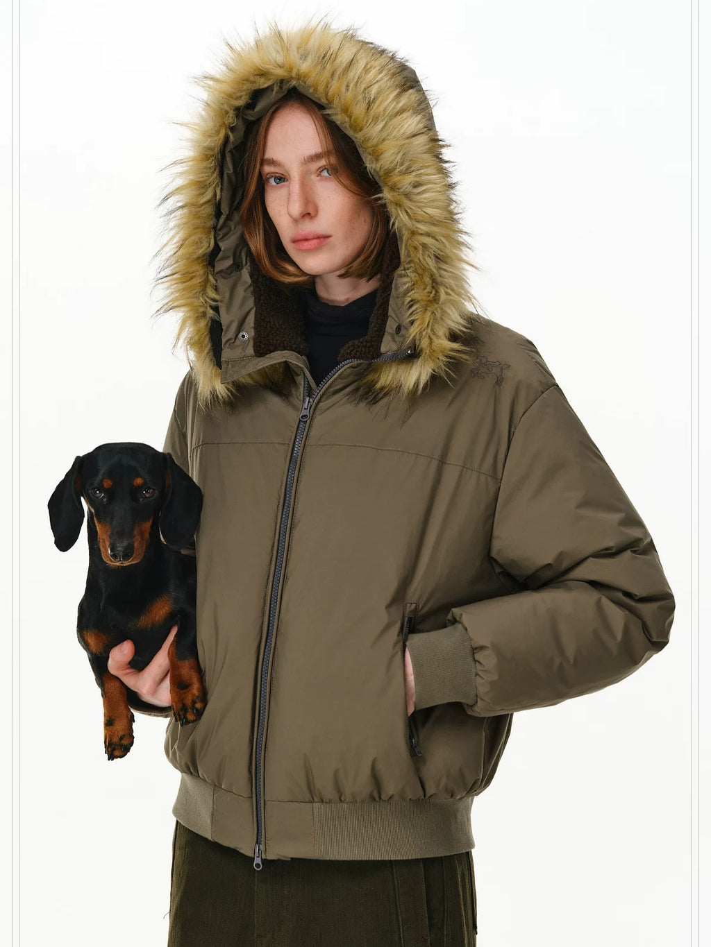PCLP 90 Fill White Duck Down Hooded Fur Collar Splice Modern Women Nylon Down Jacket