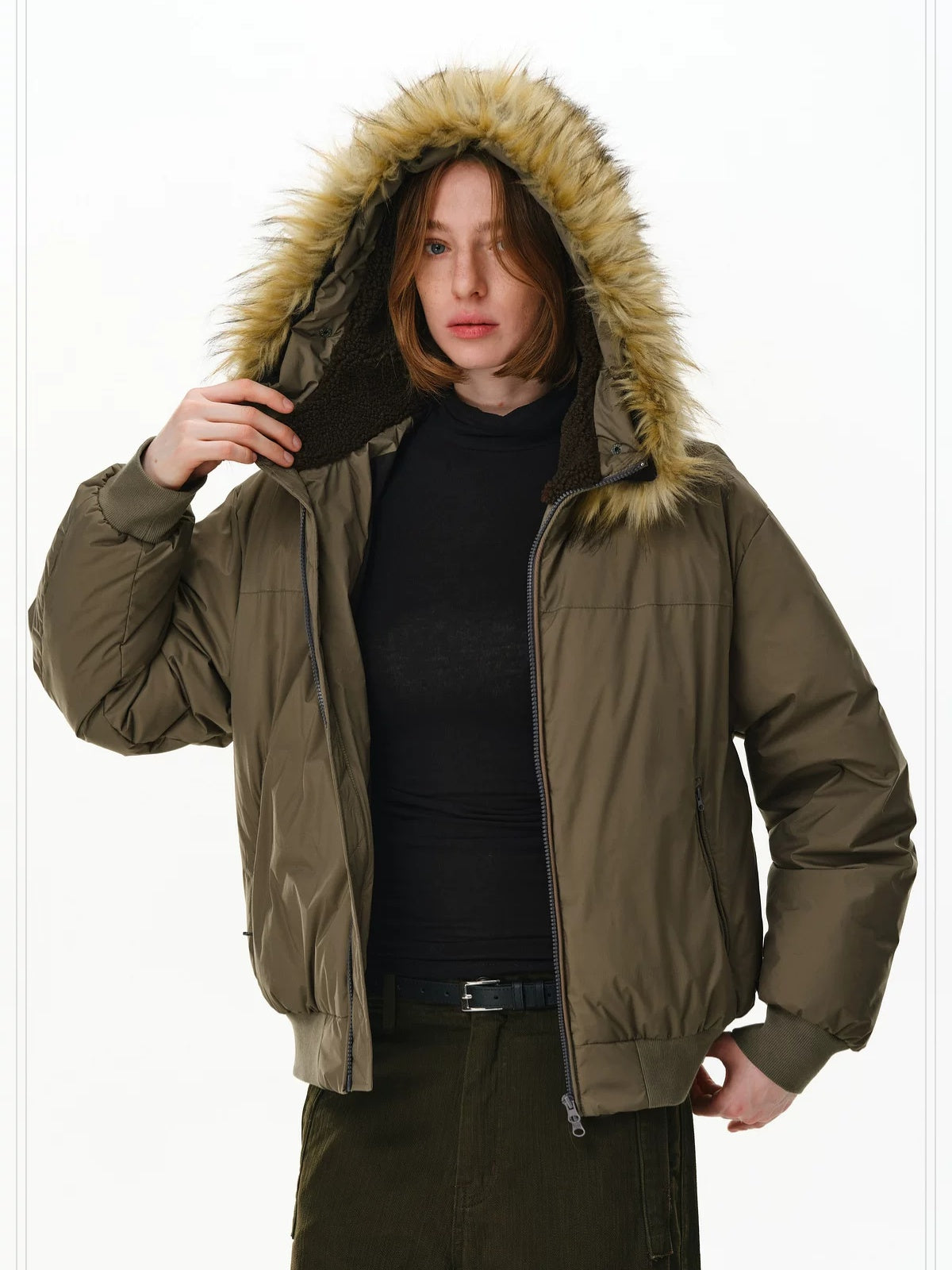 PCLP 90 Fill White Duck Down Hooded Fur Collar Splice Modern Women Nylon Down Jacket
