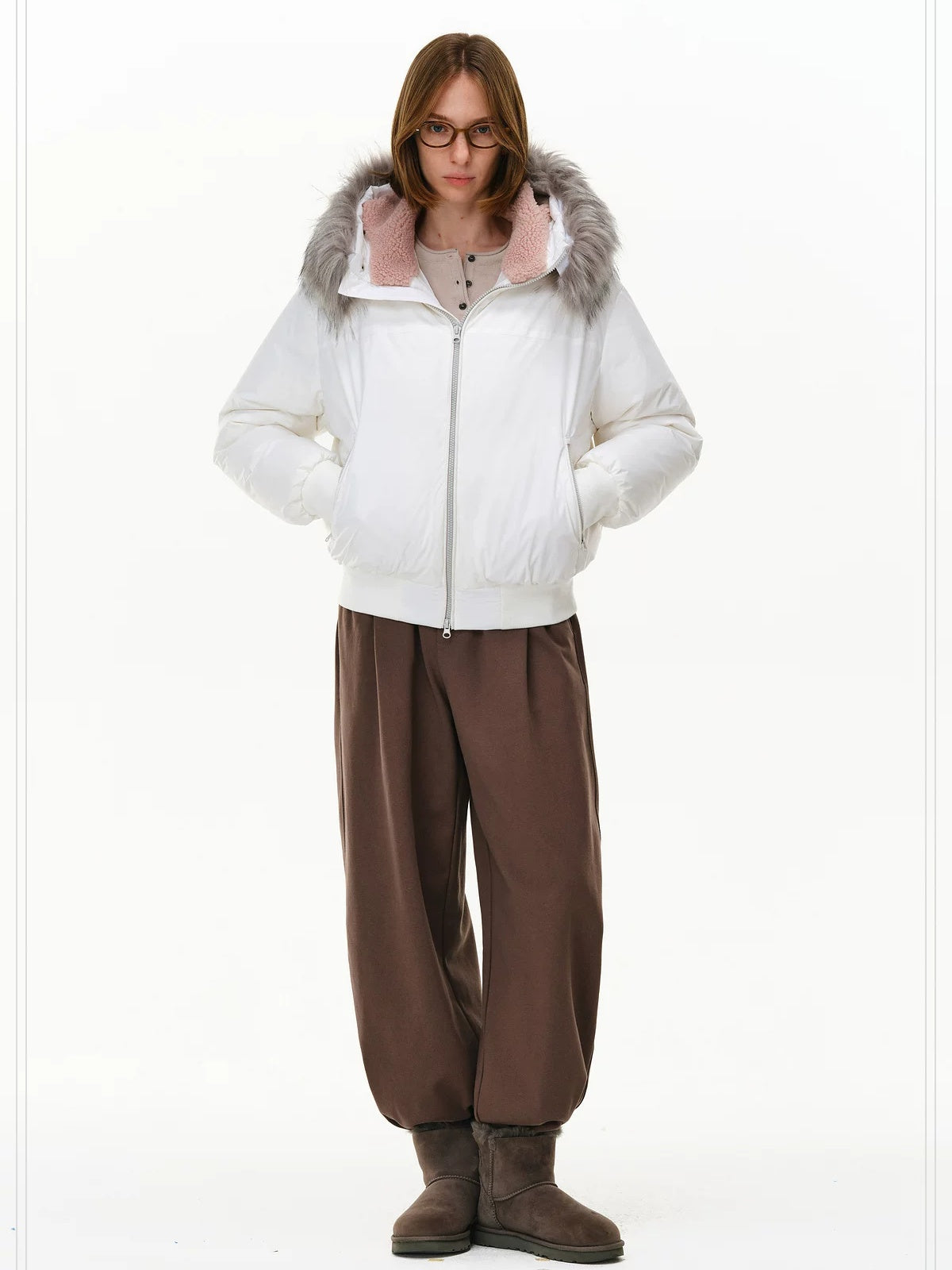 PCLP 90 Fill White Duck Down Hooded Fur Collar Splice Modern Women Nylon Down Jacket