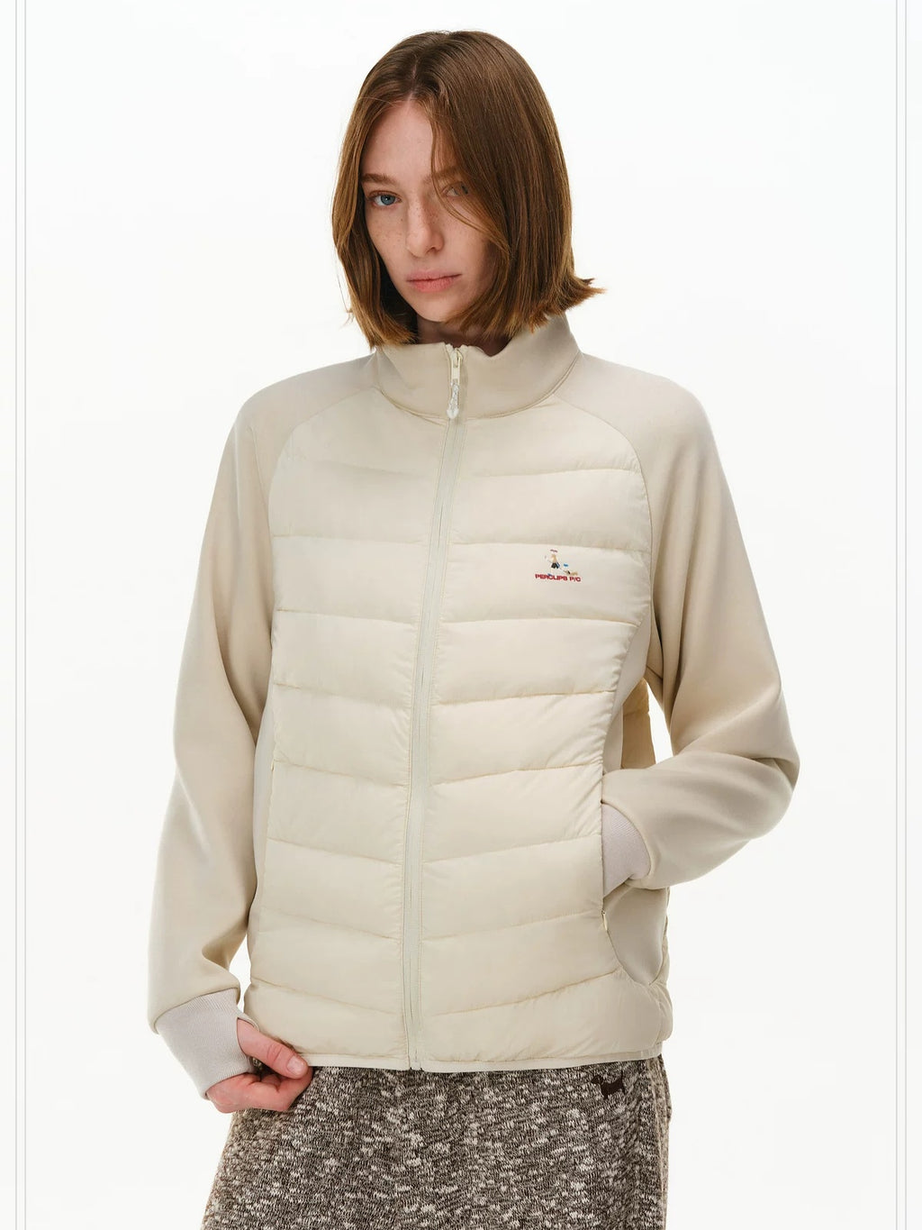 PCLP 90 Percent White Duck Down Slim Patchwork Stand Collar Women Casual Down Jacket