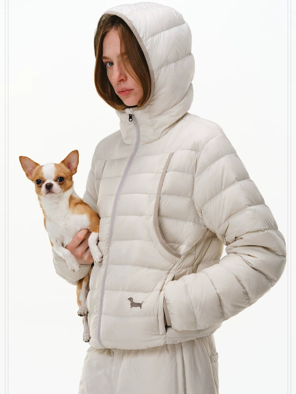 PCLP 90% White Duck Down Embroidered Hooded Commuter Regular Women Down Jacket