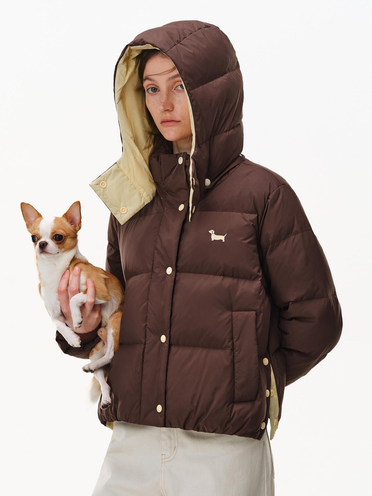 PCLP 90% White Duck Down Thick Breathable Hooded French Style Women Zip Down Jacket