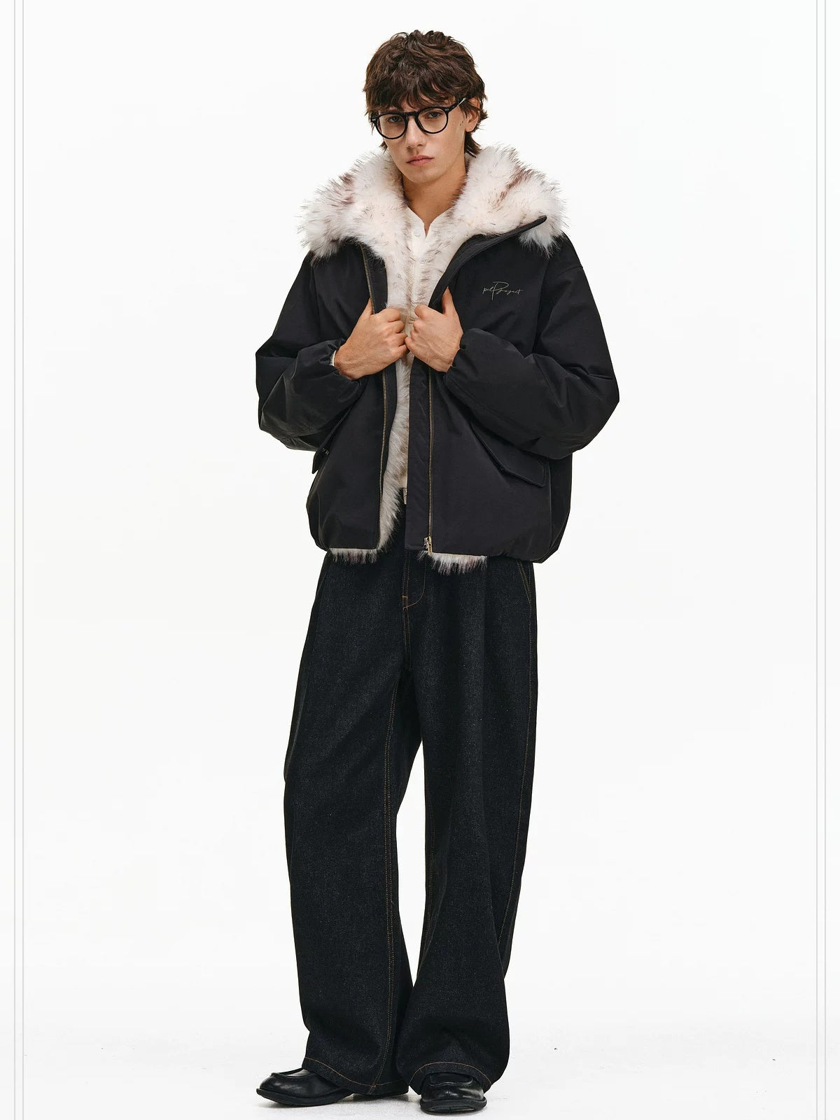 PCLP 90% White Duck Down Thick Fur Collar Patchwork Regular Fit Women Down Jacket