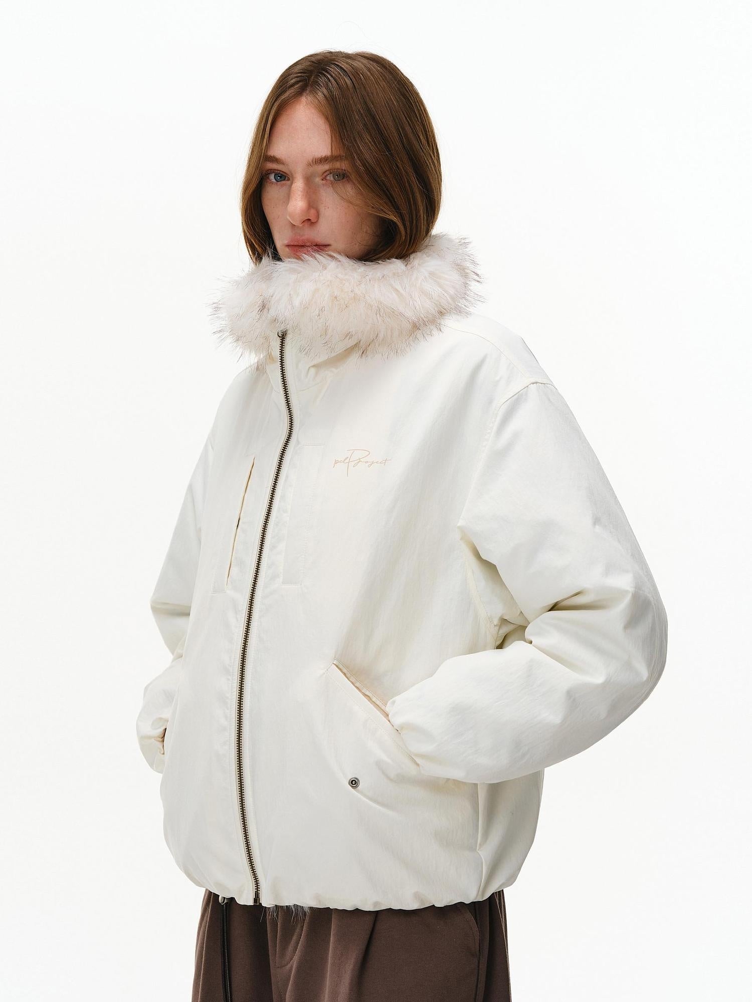 PCLP 90% White Duck Down Thick Fur Collar Patchwork Regular Fit Women Down Jacket