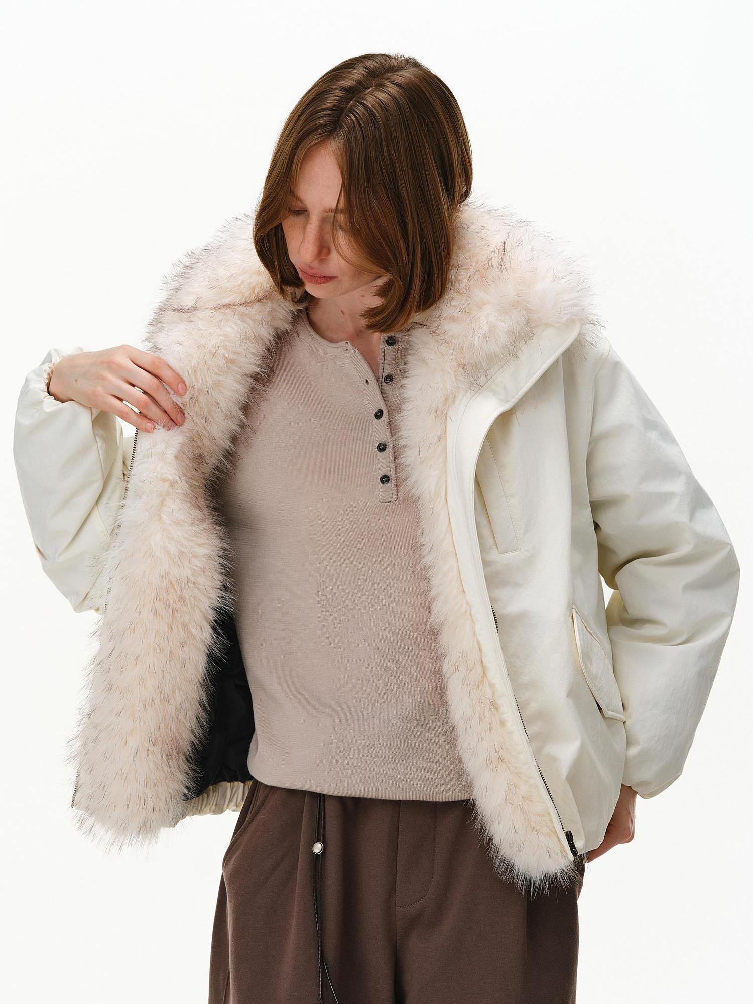 PCLP 90% White Duck Down Thick Fur Collar Patchwork Regular Fit Women Down Jacket