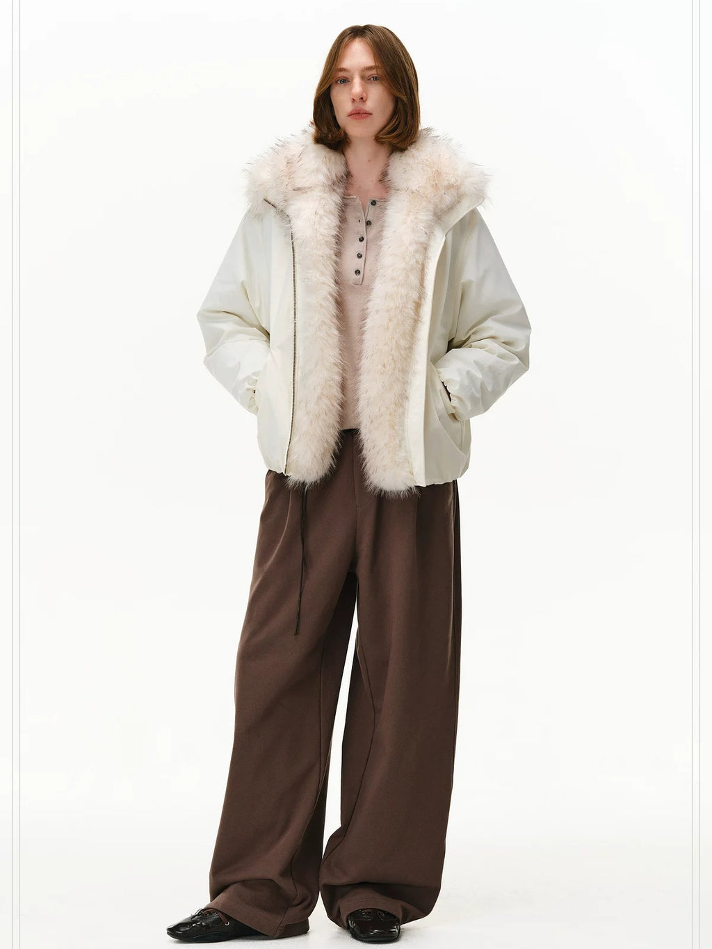 PCLP 90% White Duck Down Thick Fur Collar Patchwork Regular Fit Women Down Jacket