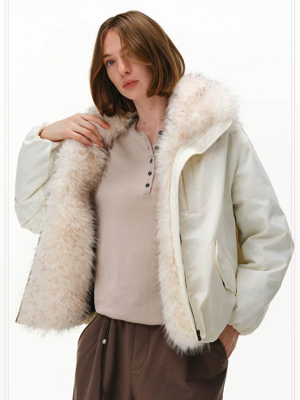PCLP 90% White Duck Down Thick Fur Collar Patchwork Regular Fit Women Down Jacket