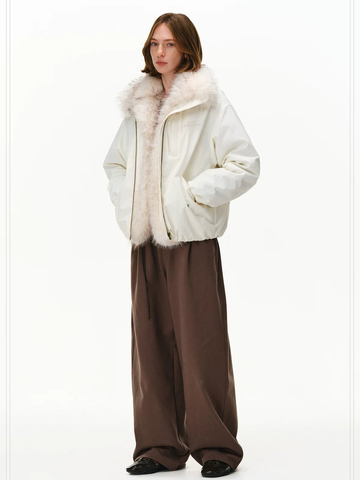 PCLP 90% White Duck Down Thick Fur Collar Patchwork Regular Fit Women Down Jacket