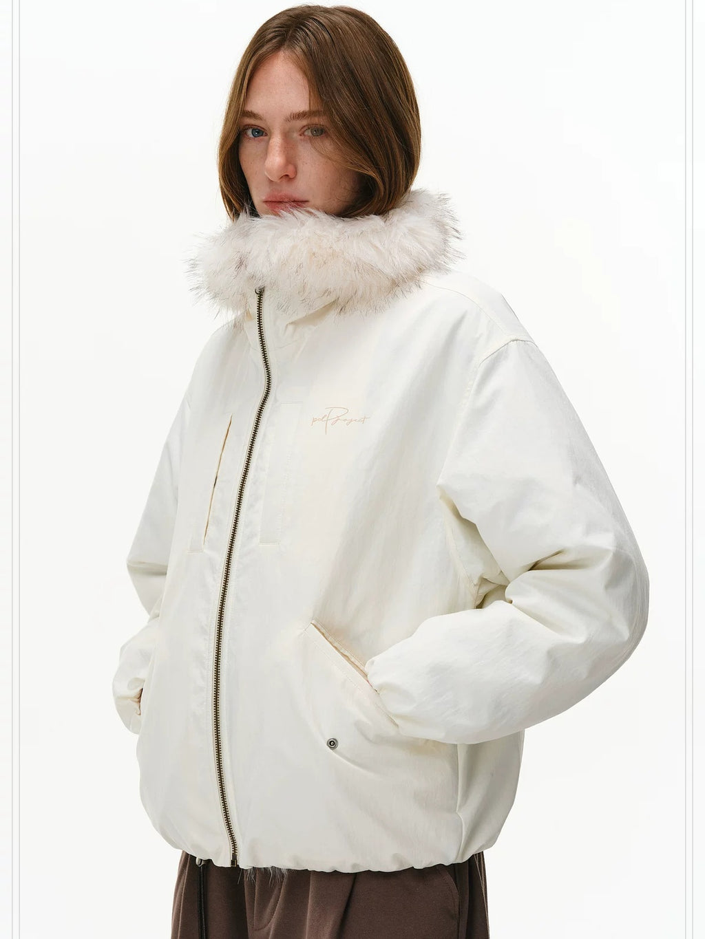 PCLP 90% White Duck Down Thick Fur Collar Patchwork Regular Fit Women Down Jacket