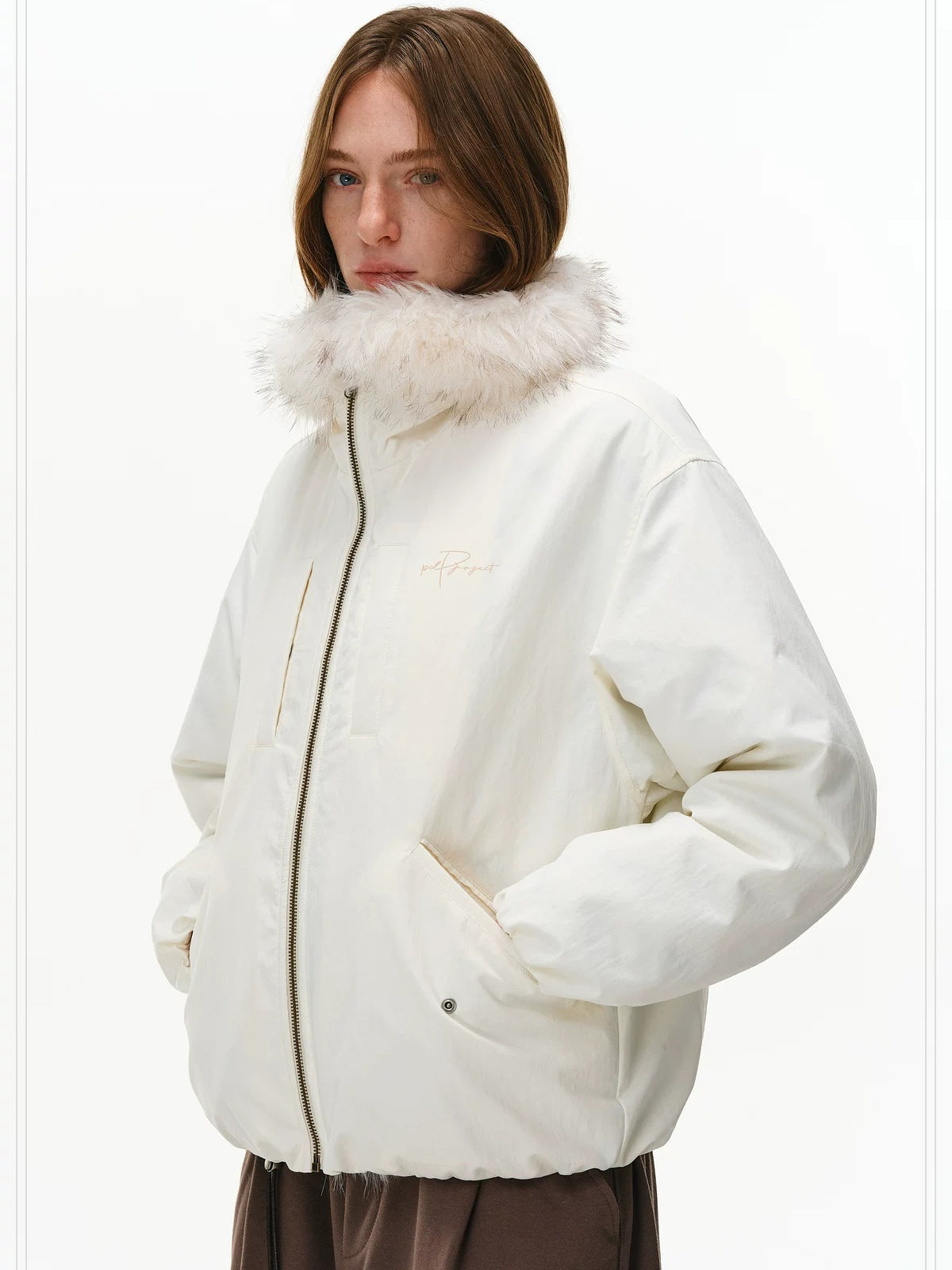 PCLP 90% White Duck Down Thick Fur Collar Patchwork Regular Fit Women Down Jacket