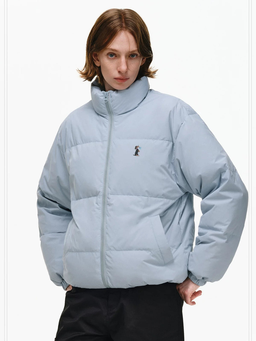 PCLP 90 White Duck Down Warm Colorblock Loose Women Stand Collar Zipper Down Jacket