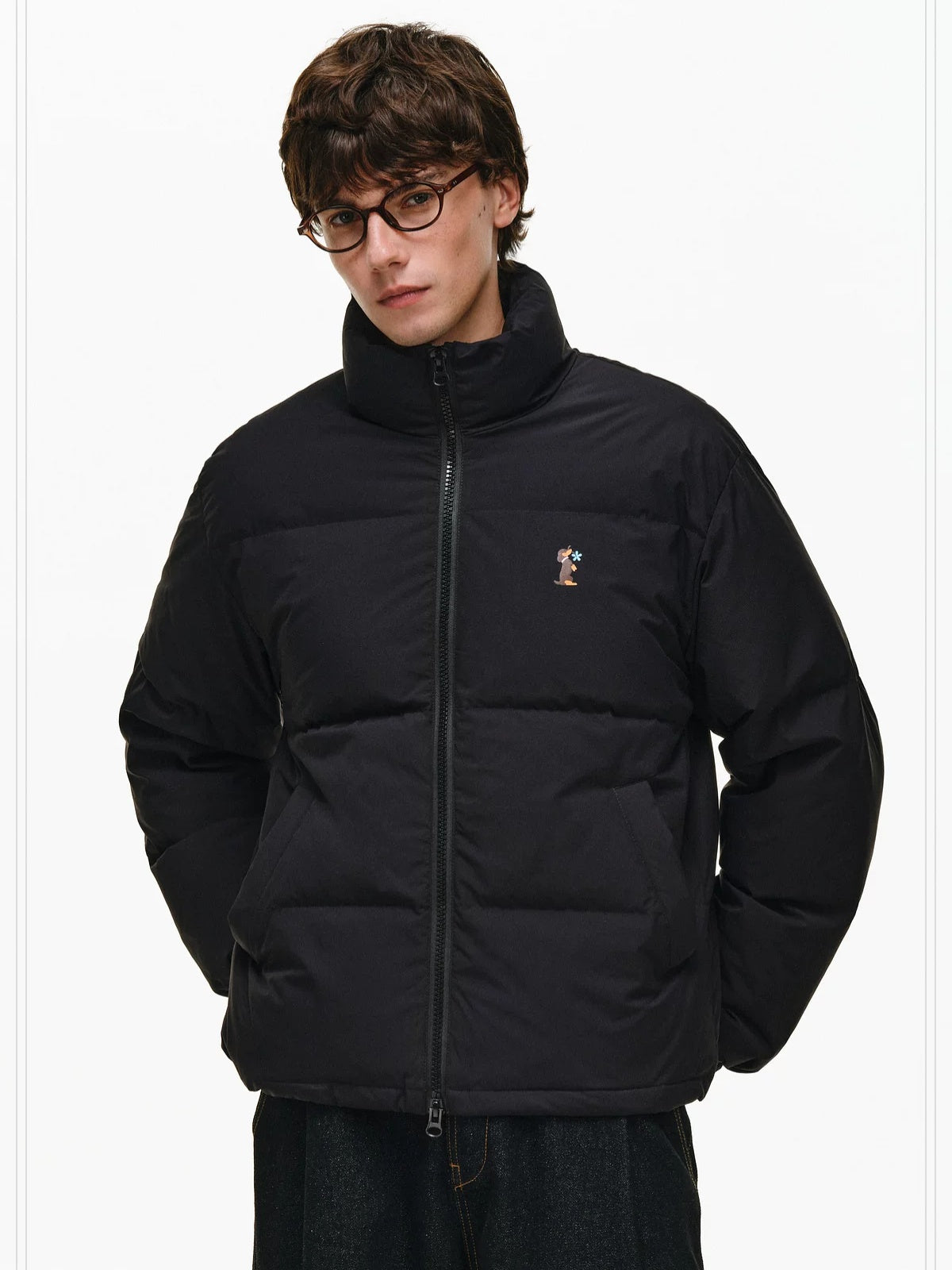 PCLP 90 White Duck Down Warm Colorblock Loose Women Stand Collar Zipper Down Jacket