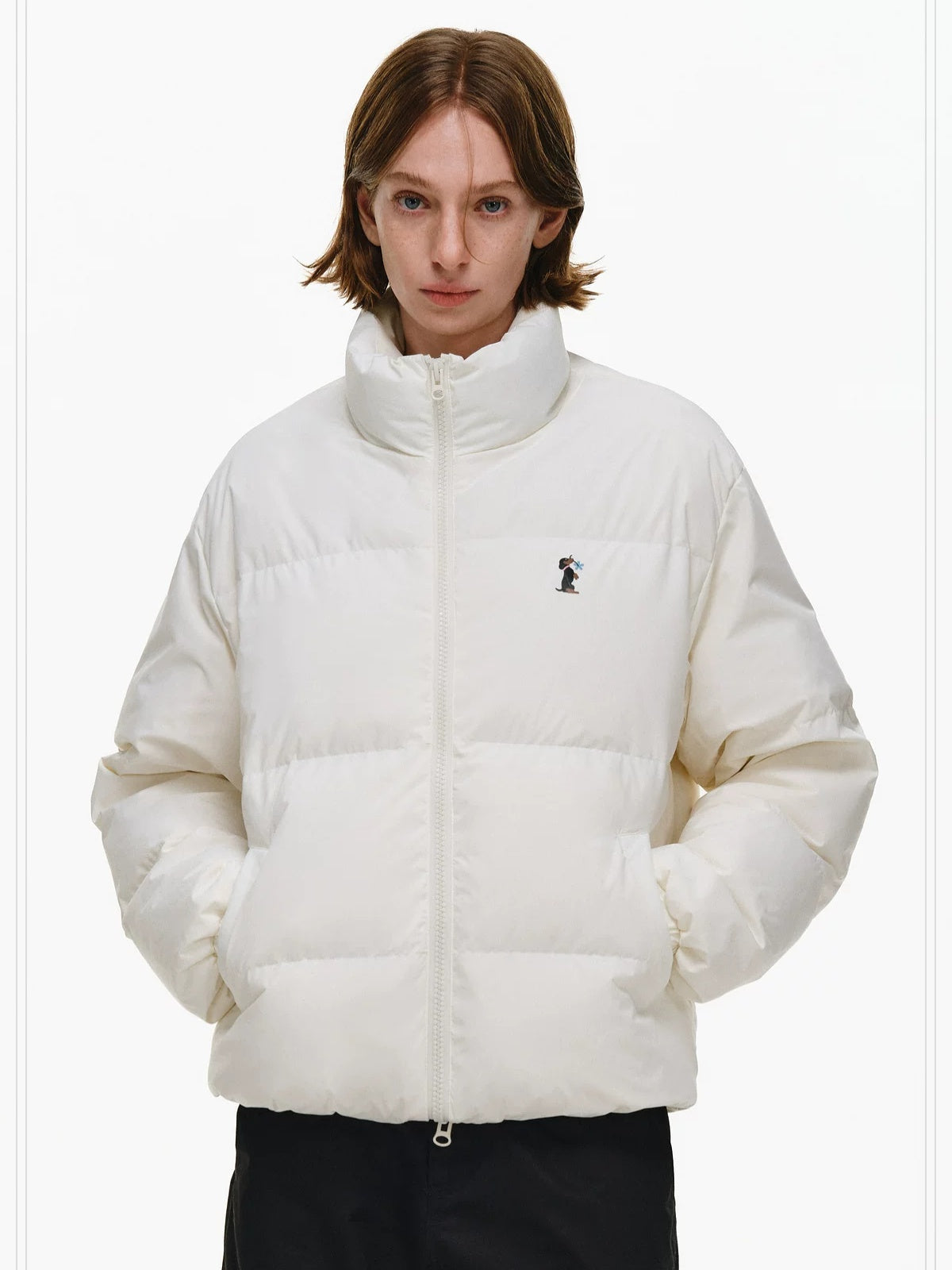 PCLP 90 White Duck Down Warm Colorblock Loose Women Stand Collar Zipper Down Jacket