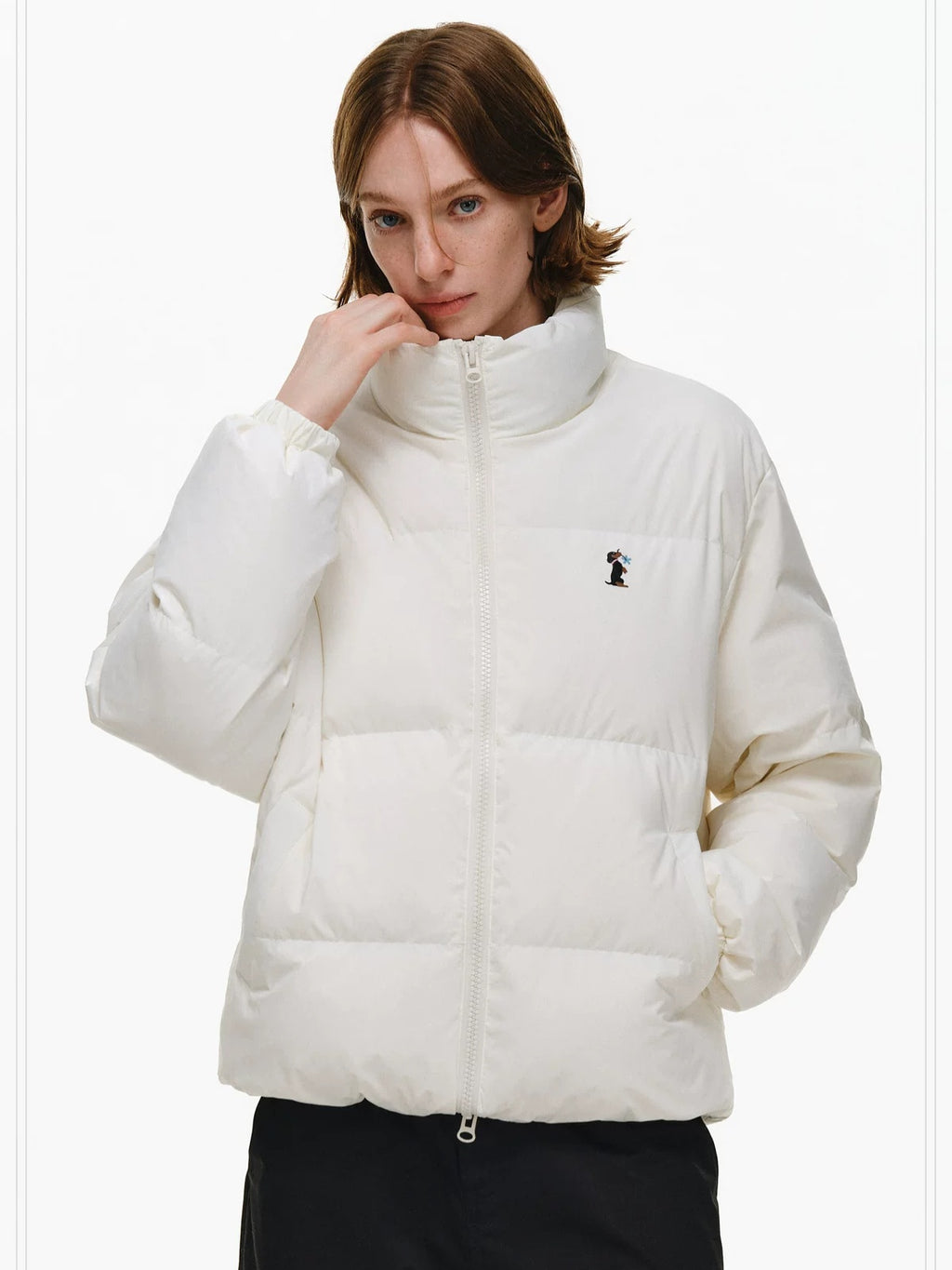 PCLP 90 White Duck Down Warm Colorblock Loose Women Stand Collar Zipper Down Jacket