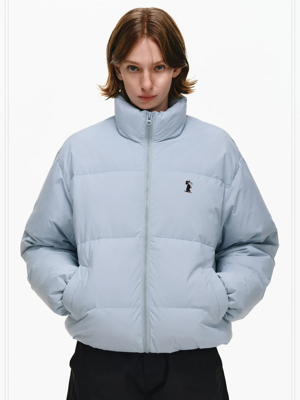 PCLP 90 White Duck Down Warm Colorblock Loose Women Stand Collar Zipper Down Jacket