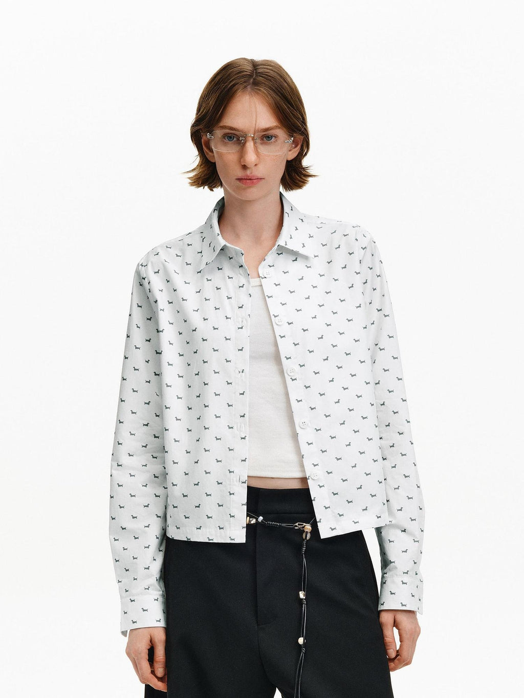 PCLP Breathable 100% Cotton Loose Animal Print Polo Cropped Long Sleeve T-Shirt