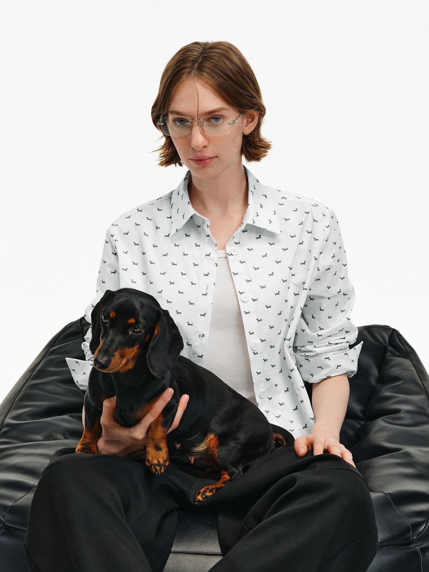 PCLP Breathable 100% Cotton Loose Animal Print Polo Cropped Long Sleeve T-Shirt