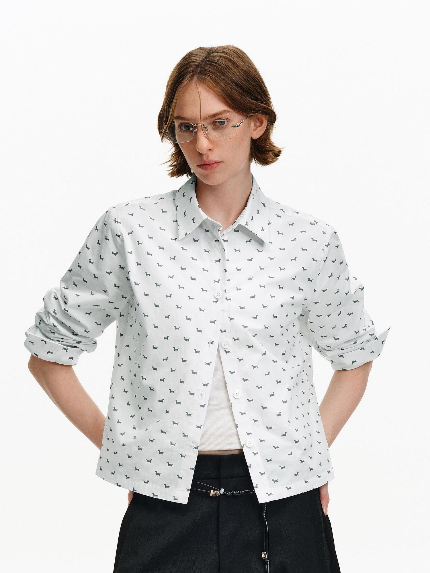 PCLP Breathable 100% Cotton Loose Animal Print Polo Cropped Long Sleeve T-Shirt