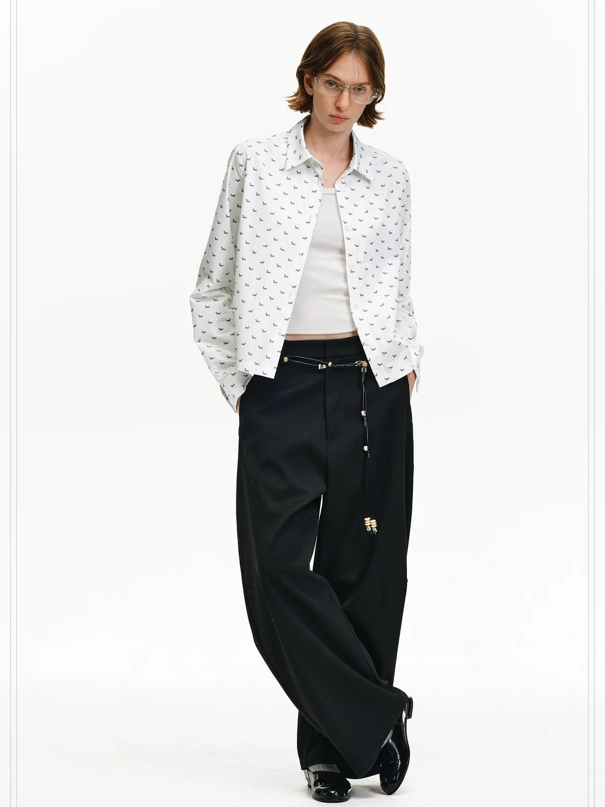 PCLP Breathable 100% Cotton Loose Animal Print Polo Cropped Long Sleeve T-Shirt