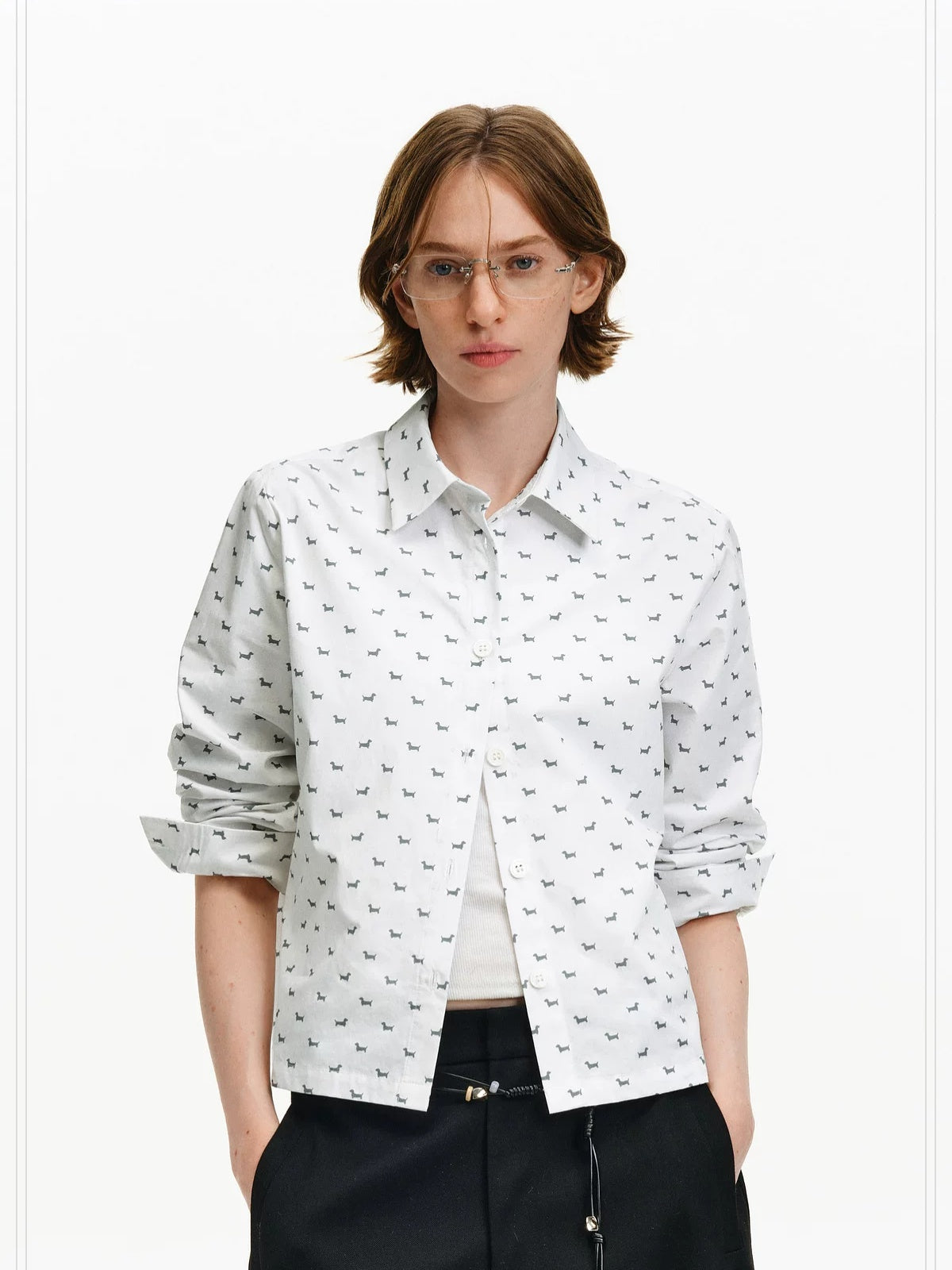 PCLP Breathable 100% Cotton Loose Animal Print Polo Cropped Long Sleeve T-Shirt