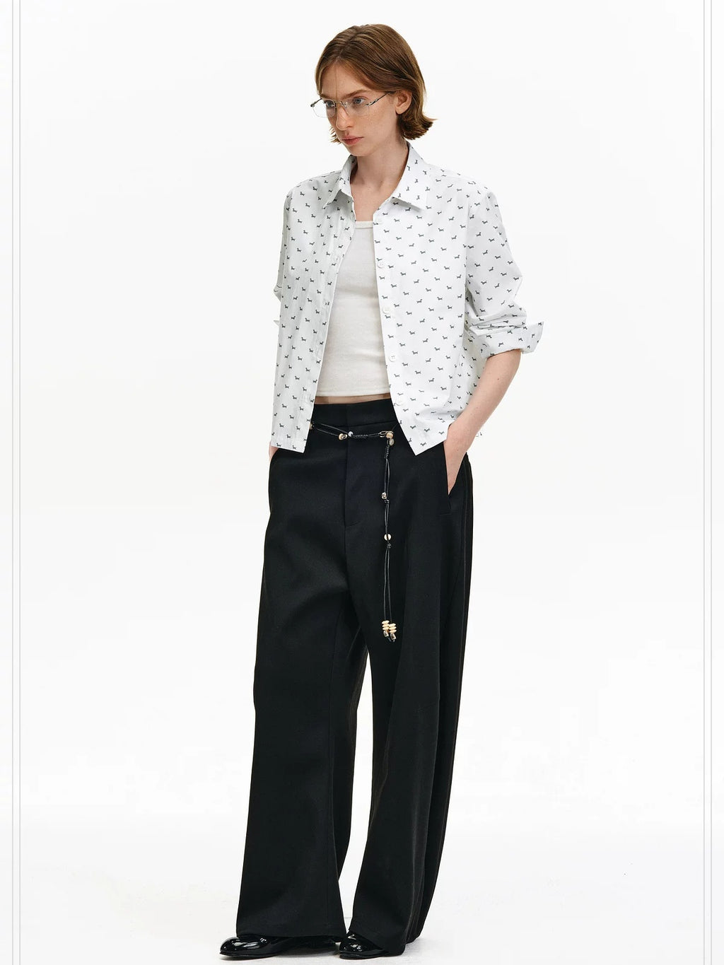 PCLP Breathable 100% Cotton Loose Animal Print Polo Cropped Long Sleeve T-Shirt