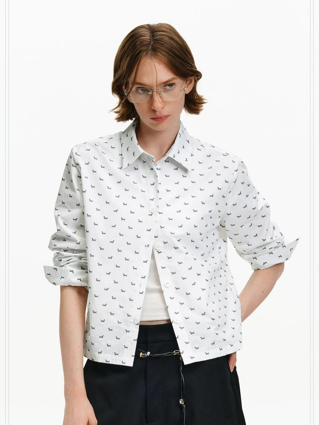 PCLP Breathable 100% Cotton Loose Animal Print Polo Cropped Long Sleeve T-Shirt