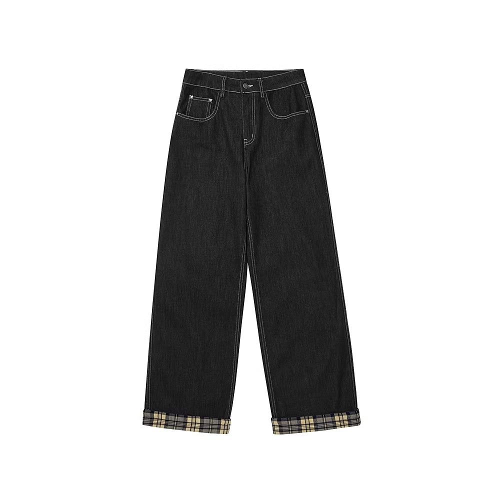 PCLP_Breathable_Contrast_Plaid_Patchwork_Mid_Rise_Wide_Straight_Women_Cotton_Jeans_MISSTT