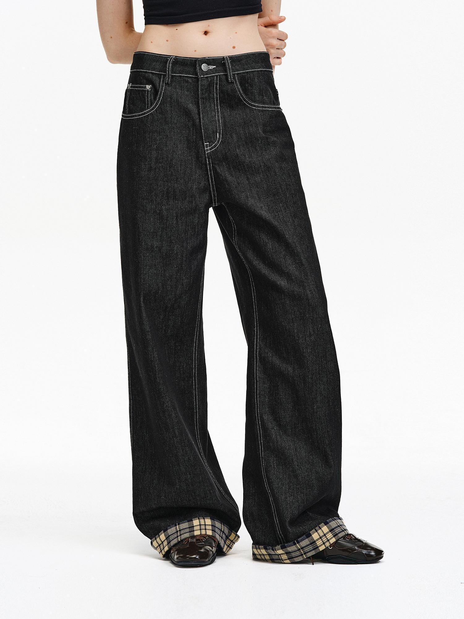 PCLP Breathable Contrast Plaid Patchwork Mid Rise Wide Straight Women Cotton Jeans