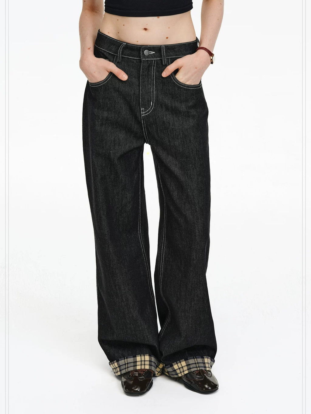 PCLP Breathable Contrast Plaid Patchwork Mid Rise Wide Straight Women Cotton Jeans