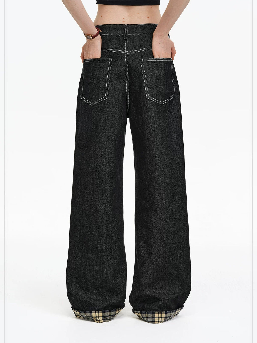 PCLP Breathable Contrast Plaid Patchwork Mid Rise Wide Straight Women Cotton Jeans