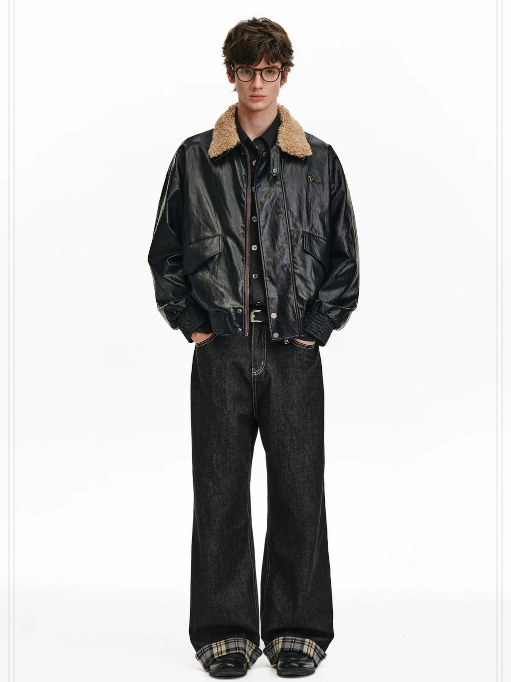 PCLP Breathable Contrast Plaid Patchwork Mid Rise Wide Straight Women Cotton Jeans